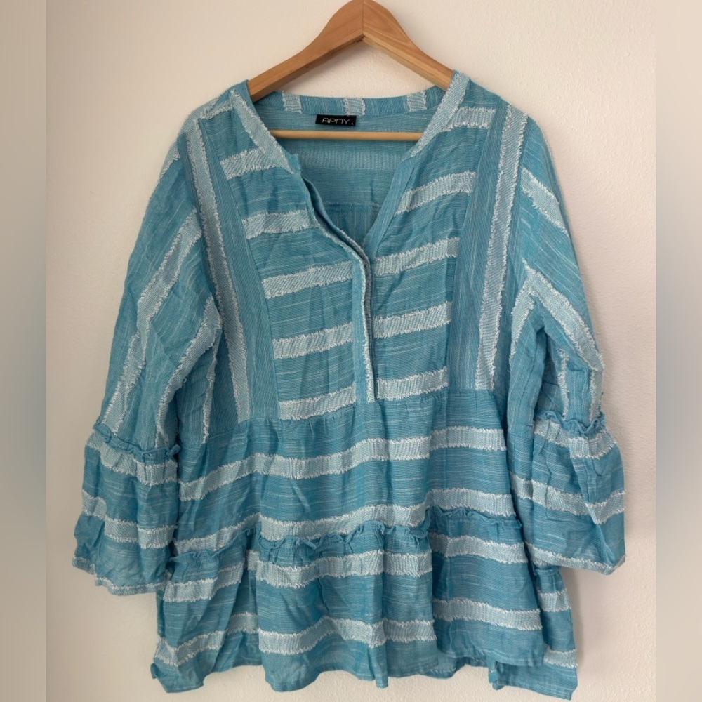 APNY Blue 3/4 Sleeve Chiffon Ruffle Button-Up Shirt Blouse Size Large